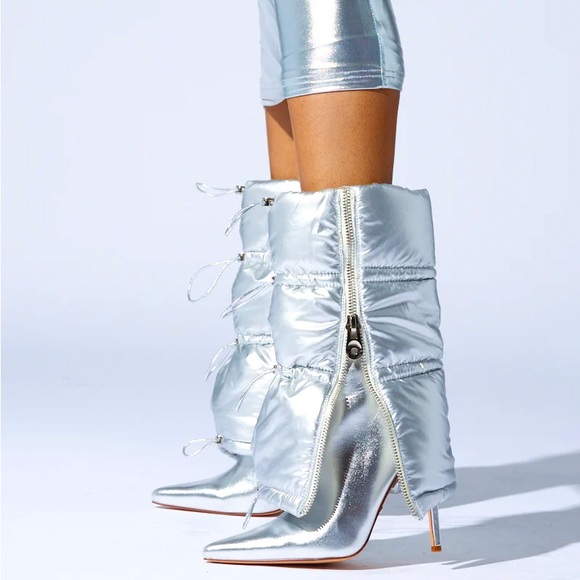 AZALEA WANG Silver Vegan Leather Puffer High Heel Boots - Picture 1 of 6